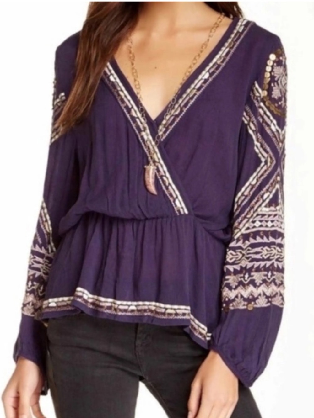 Pree People deep purple embroidered beaded peplum top balloon sleeve blouse S